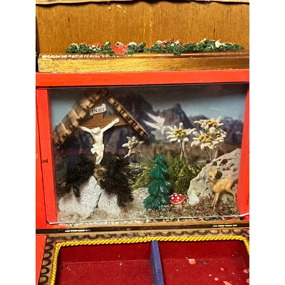 Vintage Reuge Swiss Chalet Music Box Jewelry Display Alpine Diorama READ
